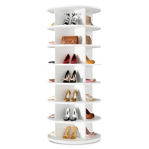 BrFoYu Rotating Shoe Rack 7 Tier Spinning Shoes Organizer Tower for 28-32 Pairs Lazy Susan 360 Revolving Shoe Storage Cabinet Rotate Shoe Handbag Rack Round Carousel for Closet, Bedroom (White)