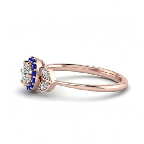 Image of Rose Gold Plated Diamond CZ & Blue Sapphire Petal Halo Engagement Ring for Women, Petite Round Shape Wedding & Everyday Jewelry, Handmade Gift for Wife US Size 4-12
