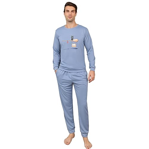 Mens Cott*n-like texture long Pajamas Set cat pattern Nightwear round neck Sleepwear3