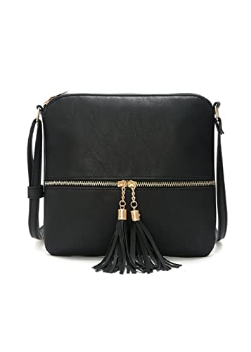 Women Fashion Shoulder Bag Double Fringe Front Pocket Zip Crossbody Bags