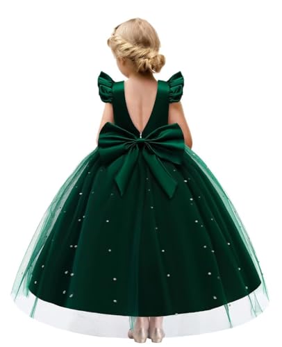 Princess Pageant Dress Pearls Satin Tulle Flower Girl Dress V-Back Kids Birthday Party Ball Gowns