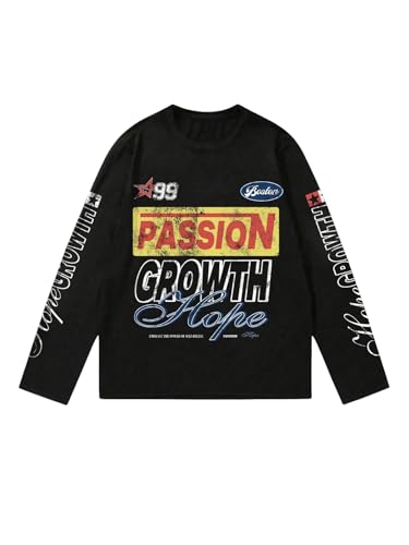 GORGLITTER Mens Y2k Graphic Shirts Streetwear Oversized Long Sleeve Crewneck Vintage Tee Tops Black Medium