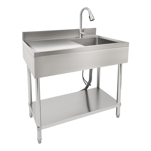 BANEBONE Commercial Stainless Steel Sink - Free Standing Restaurant Kitchen Sink Set with 360° Pull-Out Faucet, Heavy-Duty Storage Shelf - Rustproof & Easy Clean for Restaurants, Cafeterias
