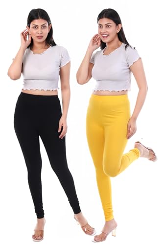 Image of TPF Women Solid Cotton Lycra 4 Way Stretchable Leggings | Combo Pack of 2 Comfortable Churidar-Length Slim Fit Leggings for Women & Girls