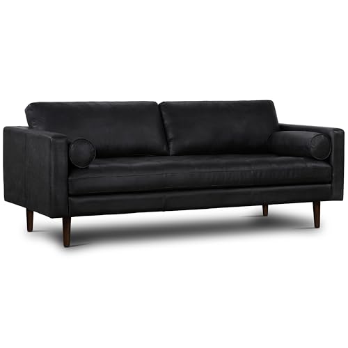 Image of POLY & BARK Napa 88.5 inch Leather Sofa - Full-Grain Italian-Tanned Aniline Leather, Feather-Down Comfort, Solid Wood Frame, Walnut Legs, Onyx Black