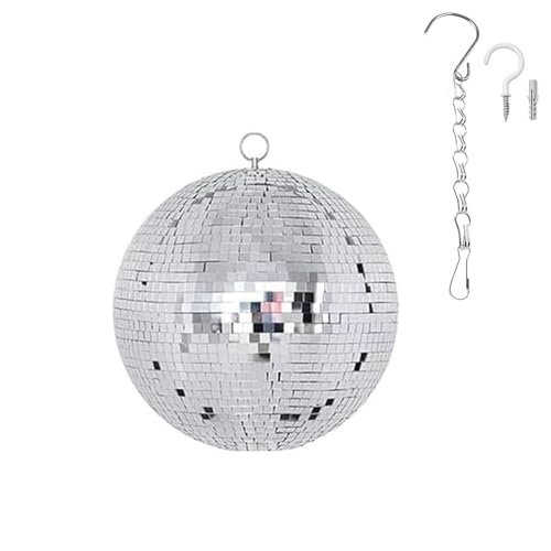 Large Disco Ball Decorations, 70's 80's 90's Silver Rotating Glass Mirror Ball with Hanging Ring, for Bar DJ Club Stage Lighting Holiday Christmas Party Birthday Wedding Home Business Events (8 INCH)