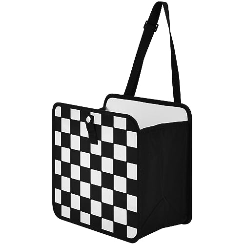 Image of Car Trash Can Car Organizer Car Garbage Can with Adjustable Strap for Back Front Seat Console Waterproof Leakproof Collapsible Portable 8.66 Inch Checkerboard