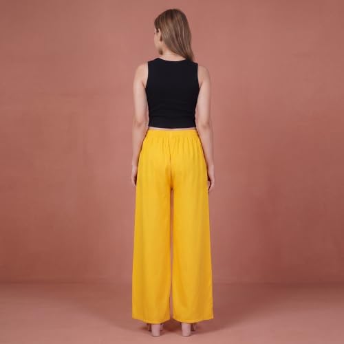 Image of FASHION GALLERY Women's Solid Rayon Palazzo Pants | Relaxed Fit Full Length Wide Leg Palazzo | Elastic Waist Comfortable Casual Lounge Office Ethnic Flared Trousers for Women