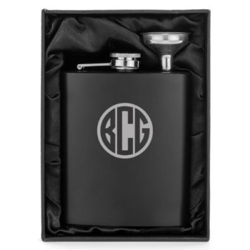 Monogram Engraved 7oz Matte Black Stainless Steel Hip Flask & Funnel Gift Set Custom Personalized