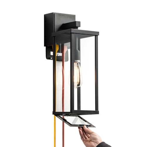 Image of mirrea 18 inch Classic Outdoor Wall Sconce with Built-in GFCI Outlet 1 Light in Matte Black Rectangular Metal Frame and Clear Glass Shade Waterproof Porch Light Patio Light