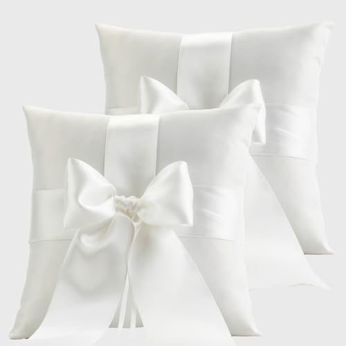 QIRMIZI 2 Pack Ivory Wedding Ring Pillow -Simple Collection of Big Bow Ring Bearer Holder for a Beautiful Ceremony