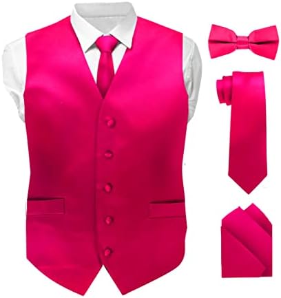 Vittorio Farina Solid Hot Pink Suit Vest for Men Set of 4 - Vest, Tie, Bow Tie & Pocket Square (XL)