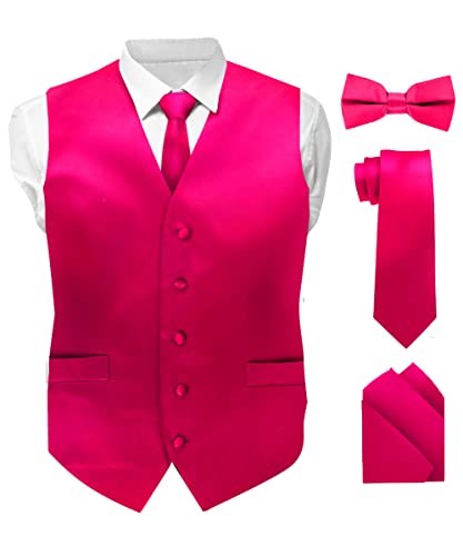 Vittorio Farina Solid Hot Pink Suit Vest For Men Set Of 4 - Vest, Tie, Bow Tie & Pocket Square (Xl) #TOP29