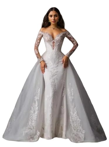 Ivory Mermaid Wedding Dresses Off Shoulder Chapel Train V Neck Long Sleeves Modern Bridal Gown with Applique 2025