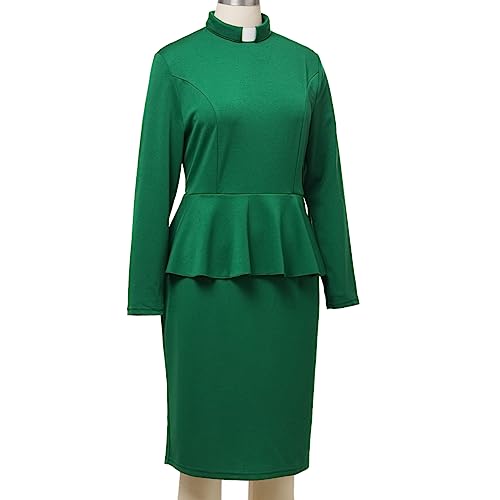 Image of FAD-4U Church Clergy Dress for Women Minister Long Sleeve Ruffle Slim Pencil Dress with Tab Insert Stand Collar