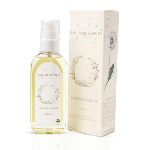 Baby Bare Bubbles Dandelion Dream Natural Baby Oil for Dry Skin, Sensitive Skin, Eczema, Cradle Cap - Soothing Hydrating Fragrance Free Baby Oil for Bath & Massage 100ml