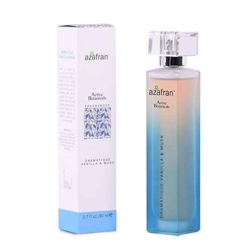 Image of Azafran Active Botanicals Fragrances - Dramatique Vanilla and Musk 80ml - Long Lasting Wood Fragrance, Alcohol-Free Organic Perfume for Men & Women, Ideal Birthday Gift for Men, No Parabens or Sulphates