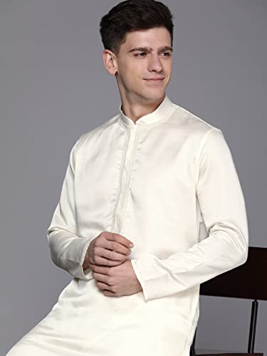 Image of Manyavar Men's Ethnic Kurta Set, Full Sleeves Mandarin Collar Ethnic Kurta Set For Engagement, Wedding, Party Art Silk Kurta Set