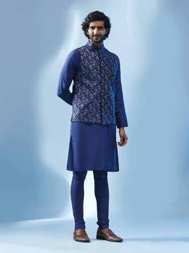 Image of KISAH Men's Kurta Jacket Churidar Set, Sea Green Art Silk, Embroidered Long Sleeves Regular Fit Mandarin Collar