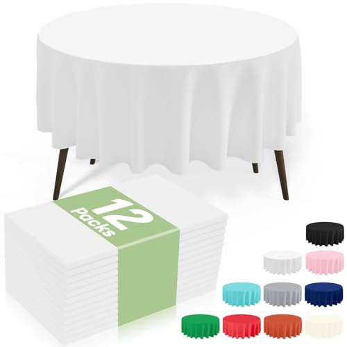 Image of misaya 12 Packs Disposable Plastic Table Cloth, 84 inch Round Waterproof Tablecloth, Leakproof & Sturdy Decorative Table Covers for Picnic, Party, Outdoor and Back to School, White