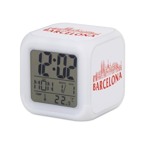 Fabulous Réveil Cube Lumineux Blanc - Barcelona Minimalist Espagne Barcelone Voyage - 7,8 x 7,8 x 7,8 cm - Retro Éclairage Multicolore LED