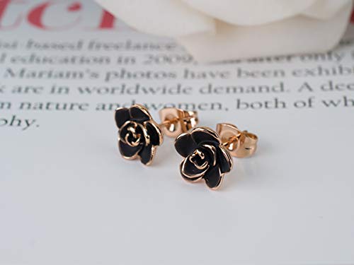 Hqla B07F2BHDWD_US 18K Gold Plated Stud Earrings,Black Rose Flower Studs thumb #3