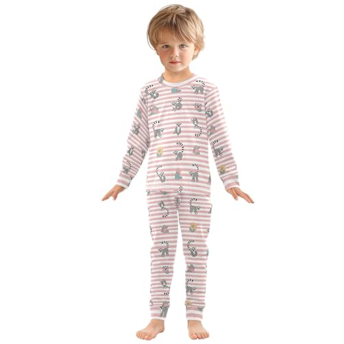 Pajama Sets Long Sleeve Lemur Pattern on Pink Stripes Soft Comfy Sleepwear 2 Piece PJS 3-8T2
