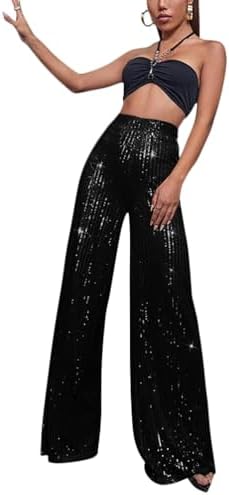 Duohropke Pantaloni da donna con paillettes a vita alta, pantaloni larghi da donna con brillantini, eleganti pantaloni harem, per matrimoni, feste, streetwear, pantaloni lunghi da donna, Blu, S