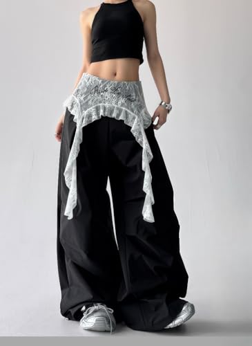 Y2k Vintage Cute Lace Patchwork Letter Print Cargo Pants Hiphop Wide Leg Joggers Preppy Sweet Loose Casual Trousers2