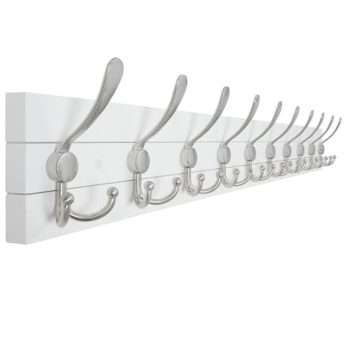 Image of SKOLOO Matte White Solid Wood Wall Mounted Coat Rack, 10 Hooks, 38.6 inch Long - Kitchen, Mudroom, Entryway, Bathroom - Includes Mounting Hardware, Wall Coat Hanger, Towel Rack