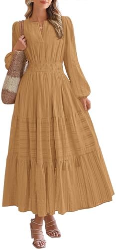 BTFBM Fall Dresses for Women 2025 Casual Long Sleeve V Neck Elastic Waist Lightweight Maxi Wedding Guest Dress Pockets