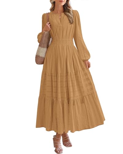 BTFBM Fall Dresses for Women 2025 Casual Long Sleeve V Neck Elastic Waist Lightweight Maxi Wedding Guest Dress Pockets(Khaki, XX-Large)
