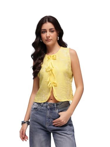 Image of Amazon Brand - INKAST Women Textured Sleeveless Peplum Tunic Top|Round Neck Multi-Tie Front Blouse|Casual Wear|