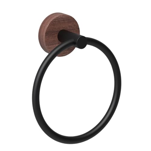 Anneau porte-serviette en noyer et métal blanc pour fixation murale de salle de bain