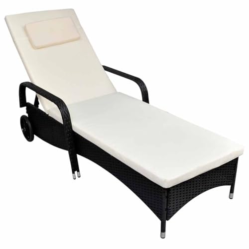 SooIarix Tumbona con cojín y ruedas, polirratán negro, marco de acero con recubrimiento en polvo, cojín impermeable, respaldo ajustable, 198 x 66 x 30-98 cm