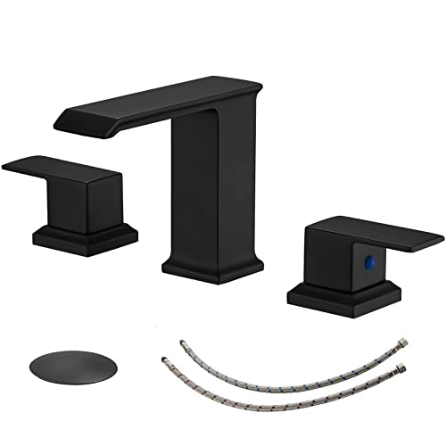 BWE Grifo de baño generalizado de 8 pulgadas, color negro, 2 manijas, cascada, 3 agujeros con montaje de drenaje desplegable y línea de suministro, grifo mezclador para lavabo