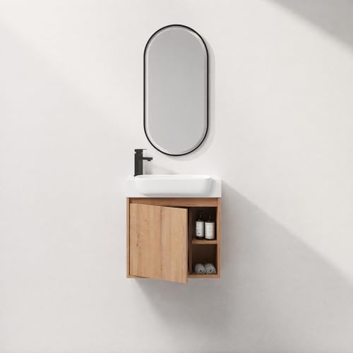 Image of 24 inch Wall Mounted Bathroom Vanity with Ceramic Sink, Modern Floating Bathroom Cabinet with Soft-Close Door & 2 Open Storage Shelves, Farmhouse Small Bath Vanity Set, Easy to Clean, Natural Oak