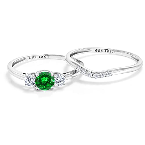 10K White Gold Green Simulated Emerald and White Lab Grown Diamond 3-Stone Bridal Engagement Wedding Ring Set For Women (1.08 Cttw, Gemstone May Birthstone, Round 5MM, Available in Size 5,6,7,8,9)3