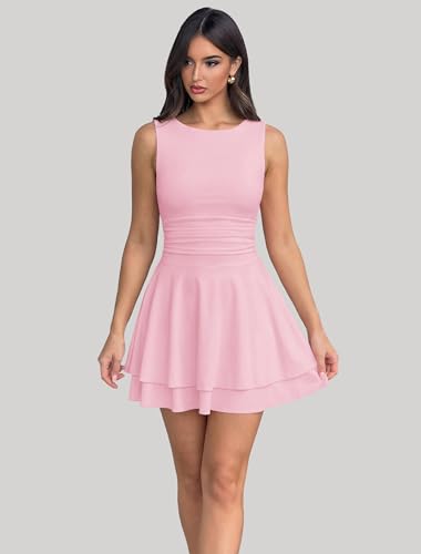 Image of IWD Women's Boat Neck Sleeveless Mini Dress Ruched Waist Flowy Tiered Ruffle Hem A Line Party Short Dresses
