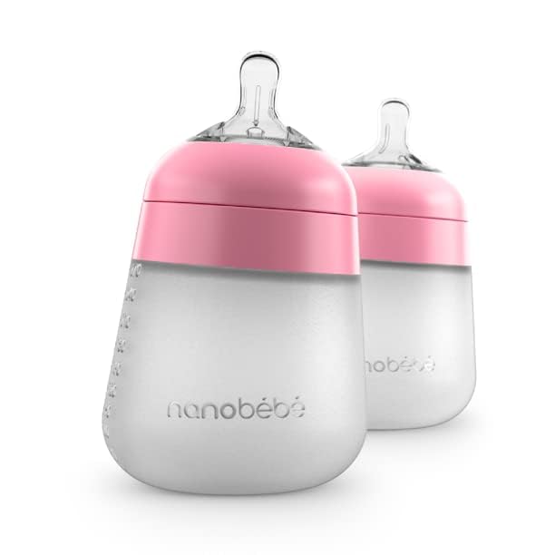 Nanobebe Flexy Silicone Baby Bottle, Anti-Colic, Natural Feel, Non-Collapsing Nipple, Non-Tip Stable Base, Easy to Clean 2-Pack, 9oz in Pink
