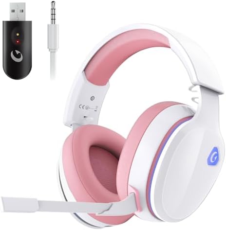 Gtheos 2.4GHz Wireless Gaming Headset for PS5, PS4 Fortnite & FPS Gamers, PC, Nintendo Switch, Bluetooth 5.3 Gaming Headphones with Noise Canceling Mic, Stereo Sound, 40+Hr Battery (Pink)