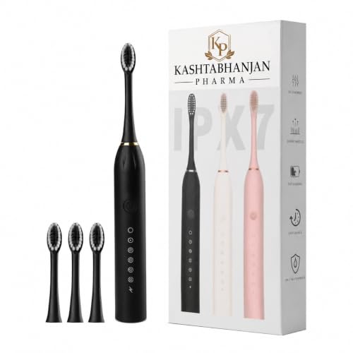 Image of KASHTHABHANJAN PHARMA Sonic Electric Toothbrush for Adults & Kids | 5 Cleaning Modes | 34000 Strokes /Min | USB Rechargeable | 4 Brush Heads | Waterproof IPX7 | Deep Cleaning Electric Tooth Brush (Multi)