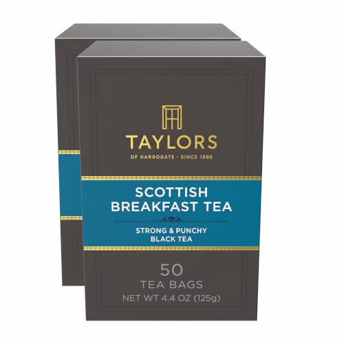 Taylors of Harrogate Scottish Breakfast Black Tea Individually Wrapped Bags, Strong, Malty and Full, Caffeinated, Enjoy Hot or Iced, 50 Teabags (Pack of 2)