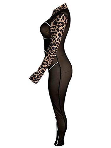 Uni Clau Women Deep V Neck Bodycon Jumpsuit - See Through Leopard Printed Jumpsuit Patchwork Sheer Mesh Printed Clubwear Jumpsuit Rompers Leopard Black L #TOP3