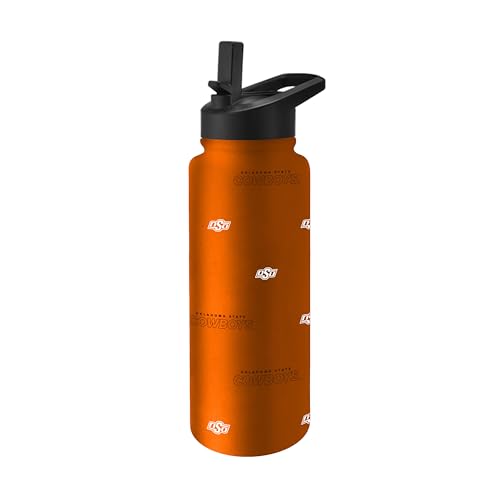 Image of Logo Brands NCAA Oklahoma State Cowboys Step & Repeat 34 oz Stainless Steel Quencher Bottle - All Over Logo Design, No-Spill Lid, Easy Carry Handle - Keeps Drinks Cold For Hours