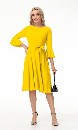 Image of Hostoyo Church Dress for Women Wedding Guest Cocktail Party Dresses Evening Prom Formal Modest Gowns Crew Neck Bell Sleeve