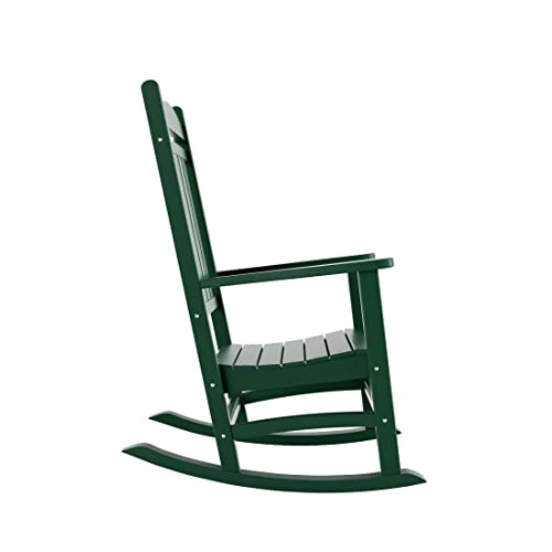 Westintrends Malibu Classic 3 Piece Outdoor Rocking Chairs Set, All Weather Poly Lumber Adirondack Rocker Bistro Set Patio Deck Porch Chairs Set Of 2 With Side Table, Dark Green #TOP4