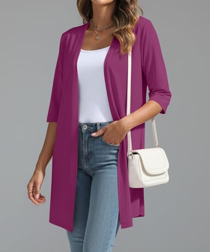 Image of YSYOKOW Womens Open Front Long Cardigan 3 /4 Sleeve Lightweight Knit Cardigan Casual Layering Spring Summer