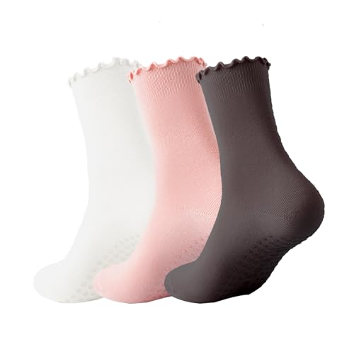 Image of 3 Pairs Pilates Socks with Grips Non-slip Ruffle Yoga Sock Grip Sock for Women