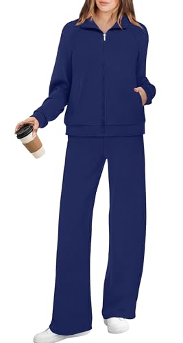 XIEERDUO Two Piece Outfits for Women 2 PC Lounge Sets Fall Fashion Workout Long Sleeve Tracksuit Winter Zip Up Sweatsuit Wide Leg Pants Matching Jacket Track Suit Women's Active Wear Navy L